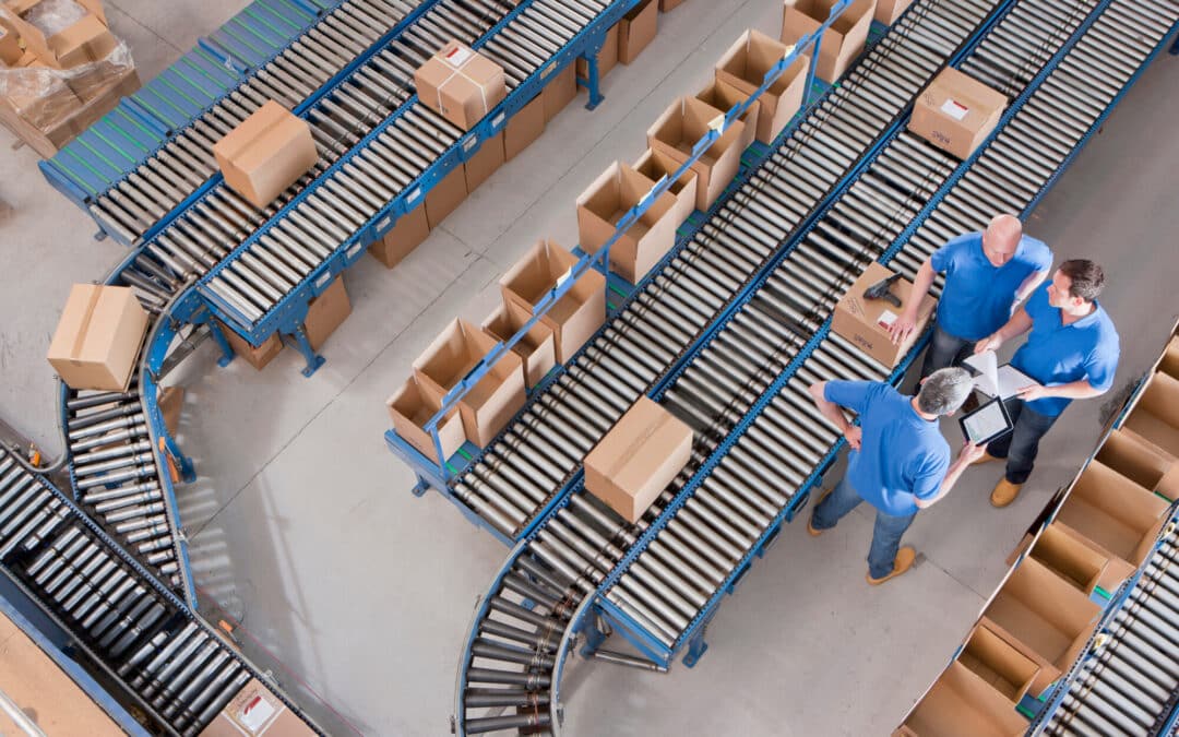 Aerial view of conveyor beds in a warehouse